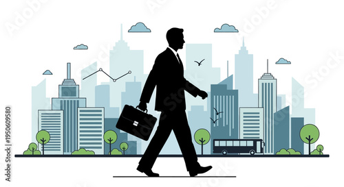 Silhouette of Businessman Walking with Briefcase in Modern Cityscape