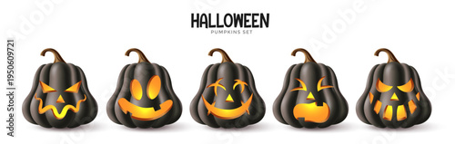 Halloween banner, poster, greeting card and cover design with black carved pumpkins, glowing faces and festive typography on white background in cute spooky cartoon holiday style