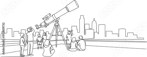 people looking through a telescope at city skyline