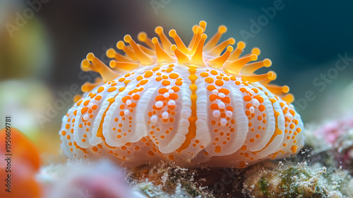 Wallpaper Mural Vibrant orange and white sea urchin with spines on coral reef underwater scene with colorful marine life in blurred background Torontodigital.ca