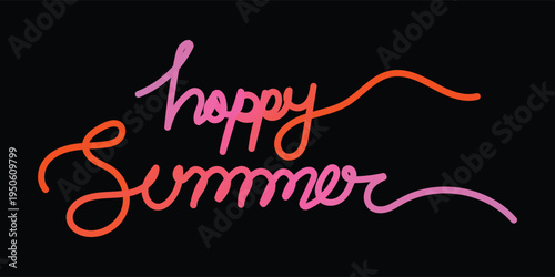happy summer lettering typography design, colorful hand drawn calligraphy text on black background, vibrant seasonal greeting illustration