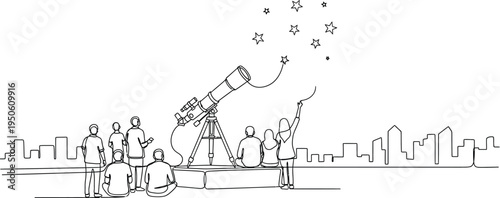 people looking at stars through a telescope in the city
