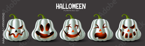 Halloween banner, poster, greeting card and cover design with carved white pumpkins, spooky faces and festive typography on dark background in cute cartoon holiday style.