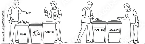 people sorting waste into recycling bins