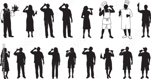 Set of Diverse People Drinking Silhouettes, Waiters and Chefs Serving Beverages, Men and Women Enjoying Drinks, Social Gathering and Hospitality Icons