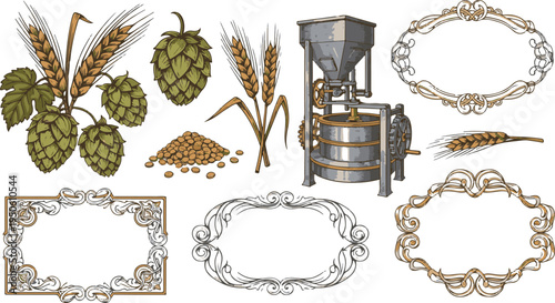 Vintage brewery with hops barley and ornate frames