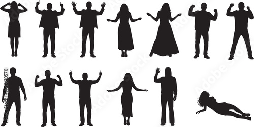 Set of Happy People Silhouettes Celebrating, Diverse Men and Women Cheering with Raised Arms, Joyful Success, Winning Moments, and Freedom Graphics