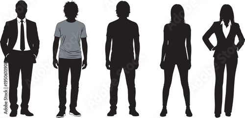 Silhouettes of diverse people in formal business suits and casual clothing, standing men and women, corporate team, and community group.
