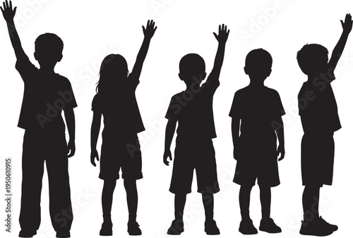 Silhouettes of diverse children raising hands, group of kids participating in classroom, education, volunteering, youth empowerment, school students, and community.