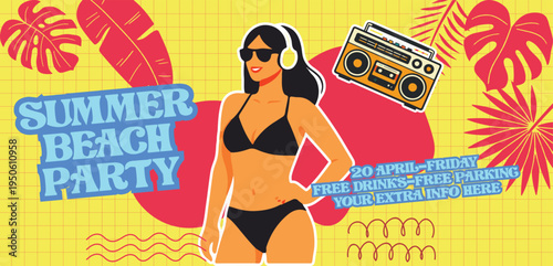 Summer beach party social media banner with Retro vintage comic style illustration of woman with headphones and retro boombox on yellow grid background with red tropical leaves design