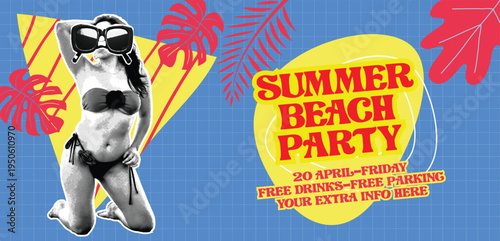 Summer beach party banner with Retro vintage pop art comic style collage with woman in bikini, tropical leaves background for seasonal tropical vacation party event social media cover header design