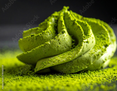 Vibrant green matcha powder artfully sprinkled over a creamy dessert, forming delicate, organic designs.