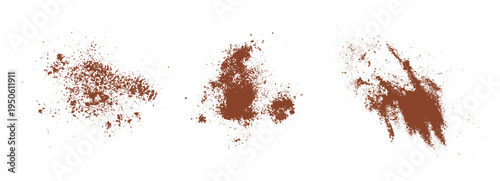 Brown loose granular material piles on white background. Isolated bulk substance splatters in different shapes. Abstract loose powder or soil heaps for design.
