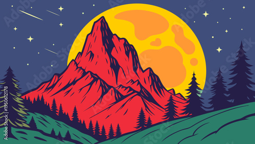 Stylized vector illustration of a red mountain illuminated by a large full moon and starry sky. Perfect for adventure, nature exploration, travel posters, outdoor lifestyle, and scenic wallpaper