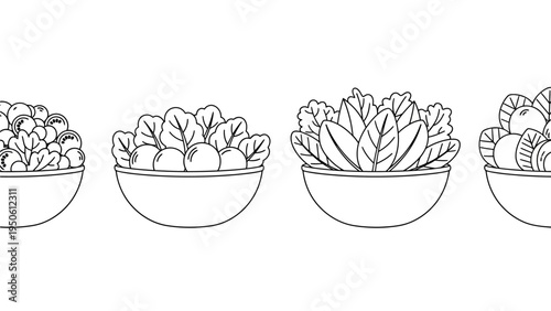 Clean outline illustration showcasing a diverse collection of healthy food bowls, including fresh green salads and vibrant fruit assortments, perfect for promoting nutritious eating
