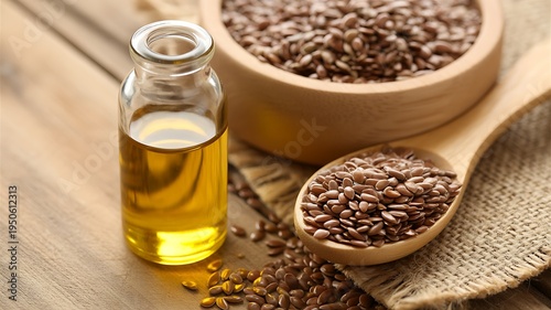 Flaxseed oil in glass bottle with seeds on wooden table