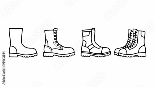 Set of Four Outline Illustrations of Different Styles of Work Boots, Featuring Laces and Thick Soles