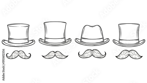 A whimsical collection of four distinct hats and mustaches, presented in a monochrome illustration style, evoking a sense of vintage charm and playful character