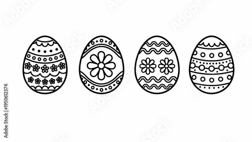 A collection of four stylized Easter eggs, each uniquely decorated with intricate patterns and designs, presented in a simple black and white line art illustration
