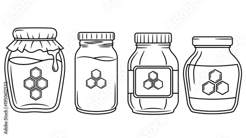 A delightful set of line art illustrations featuring various honey jars, highlighting natural sweetness and organic purity. Perfect for healthy food, beekeeping, and sustainable product designs