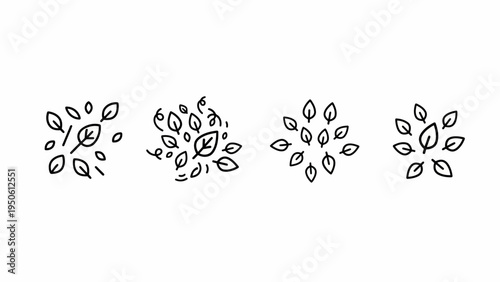 A collection of hand-drawn stylized leaf clusters, illustrating organic natural elements and growth, perfect for ecological, botanical, or environmental design projects with a minimalist aesthetic