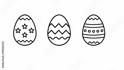 Three outlined Easter eggs with various decorative patterns, suitable for springtime celebrations and holiday designs