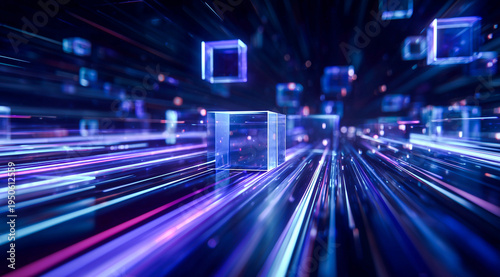 Flying digital translucent cubes and data streams in a blue and purple light tunnel representing fast information processing and storage