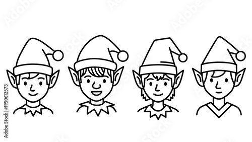 Set of charming black and white line art illustrations featuring four unique holiday elf characters, perfect for festive season designs and Christmas greetings