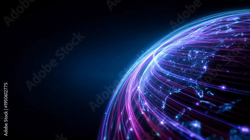 Close up of a digital globe horizon with glowing blue light trails and network connections against a dark blue background