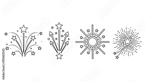 Set of Starburst and Fireworks Icons representing celebrations, bursts of light, and festive occasions