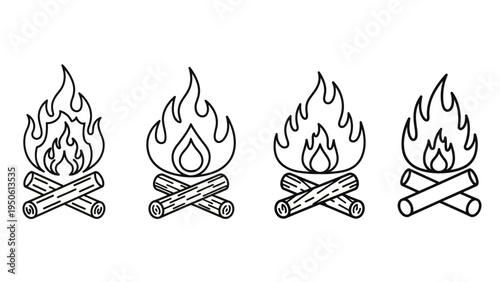 Diverse set of outline campfire illustrations, featuring stylized flames above burning logs, perfect for outdoor adventure, camping, and natural warmth themed graphic design projects