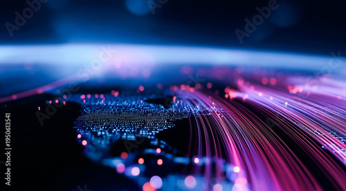 Wide angle view of a digital world globe with purple and blue light trails and glowing data connections against a dark space background