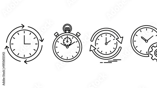 Outline icons representing time management, progress, refresh cycles, and process settings for modern web and app design projects