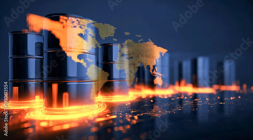 Group of black oil barrels on a digital glowing world map with city lights and orange energy paths representing the global oil industry