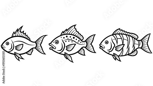 Black and white outline illustrations of various fish species showcasing distinct patterns and body shapes, perfect for aquatic-themed designs, educational materials, or decorative clip art projects