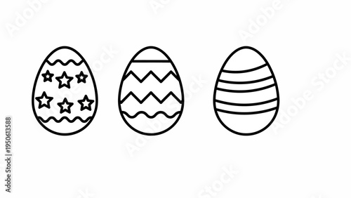 Simple outline drawings of three patterned Easter eggs in a row against a white background, suitable for crafting and design