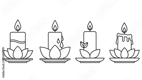 Set of four stylized outline icons of candles on lotus flower holders, symbolizing peace, relaxation, and spirituality