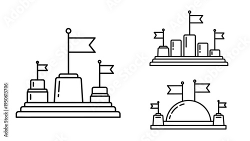 Set of minimalist line art icons showcasing various victory podiums with flags, representing concepts of success, triumph, championship, achievement, and goal attainment in a clean, abstract design