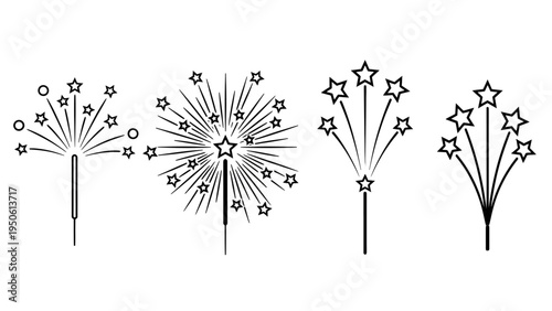 Outlined sparkler and firework illustrations, ideal for festive celebrations, New Year parties, holiday designs, and joyful event promotions, adding a touch of magical sparkle