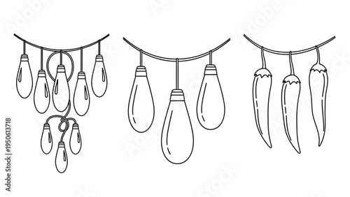 Decorative string lights and chili peppers illustration, simple outline drawing of festive illumination and spicy food