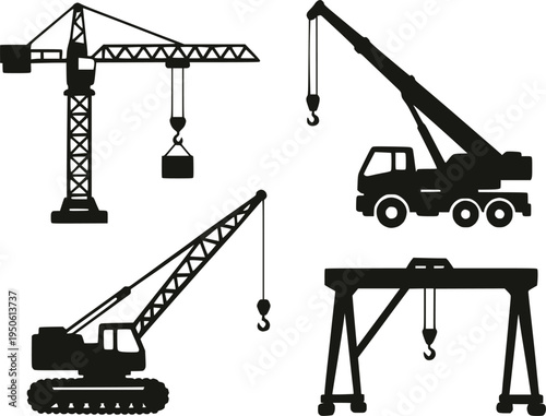 Construction crane types silhouette set vector illustration