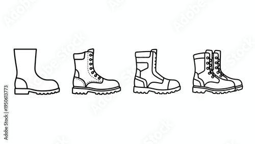 A row of four different styles of boots drawn in a simple black and white line art illustration