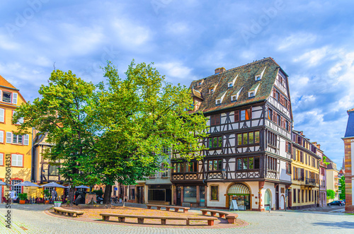 Strasbourg city historic centre with half-timbered houses medieval buildings on Place Saint-Etienne square in old town Centre Ville Grande ile Grand Island, Alsace Grand Est region, France