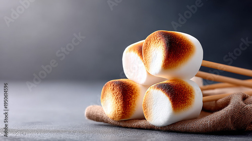 Toasted marshmallows on skewers arranged on a wooden surface  