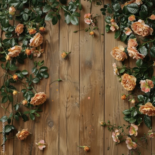Beautiful roses on a wooden background. Wedding and Women's Day greeting card.