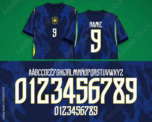 brazil font, brazil soccer, Athletic number and lettering system with sharp vertical rhythm and condensed geometry, designed for modern football jerseys, sports graphics, performance apparel, branding