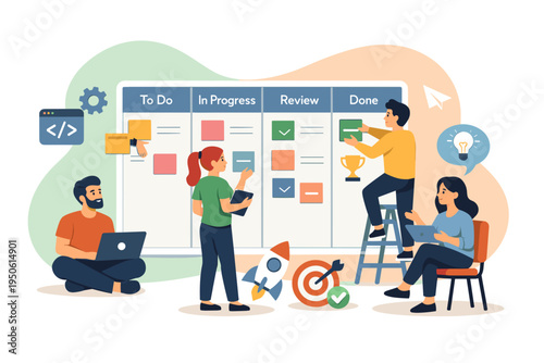 Team working on agile project management board with sticky notes.