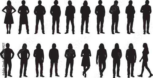 Collection of diverse people silhouettes in casual clothing, standing men and women, community group, urban lifestyle, crowd, and human diversity.
