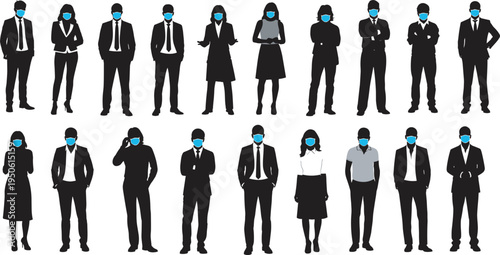 Set of Business Professional Silhouettes Wearing Medical Face Masks, Diverse Corporate Office Workers Group, Health Safety and Pandemic Prevention Concept Art