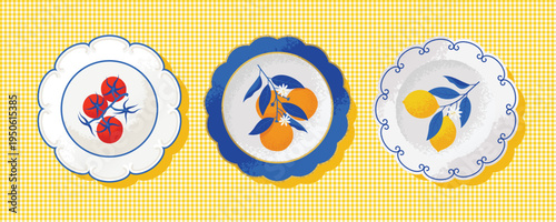Cute Illustrated Plates in Mediterranean Style. Vector Illustration in Textured Flat Style.